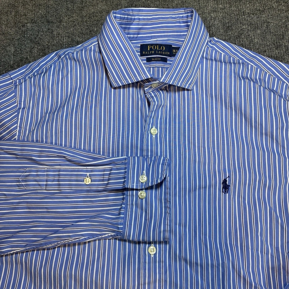 Polo Ralph Lauren Mens 16.5 34/35 Blue Long Sleeve Striped Button Shirt Slim Fit
